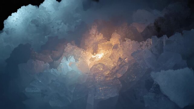 Pulsing central amber glow brightening geode cavity, illuminating faceted crystals and sparkling