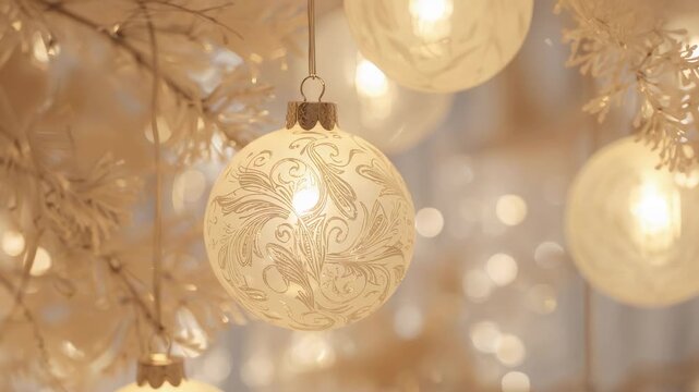 Camera shifting nudging frosted bauble into sharper focus in holiday scene for display, warm lights
