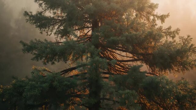 Sunlight intensifying, single coniferous tree glowing and swaying on misty hillside, showing dust