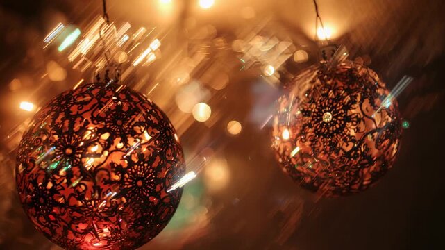 Shifting camera causing ornate filigree hanging ornament swinging in warm room, with string lights