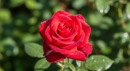 Vibrant Red Rose in Full Bloom with Dew Drops, Soft Green Bokeh Background, Macro Shot, Symbol of Love and Romance, Perfect for Spring and Summer Garden Photography