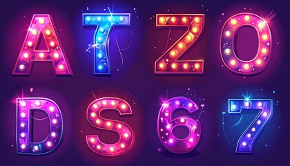 Cartoon illustration of letters and numbers glowing with colorful lightbulbs, set on a dark purple background