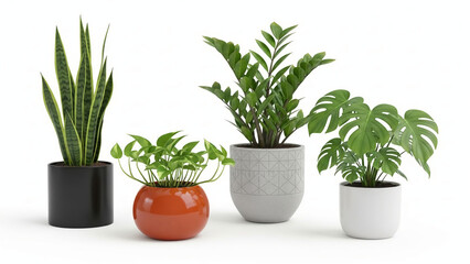Fototapeta premium Collection of four potted houseplants including snake plant pothos ZZ plant and monstera in modern planters for home decor and interior design isolated on white