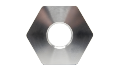 Silver hexagonal washer with central hole isolated on a transparent background metal