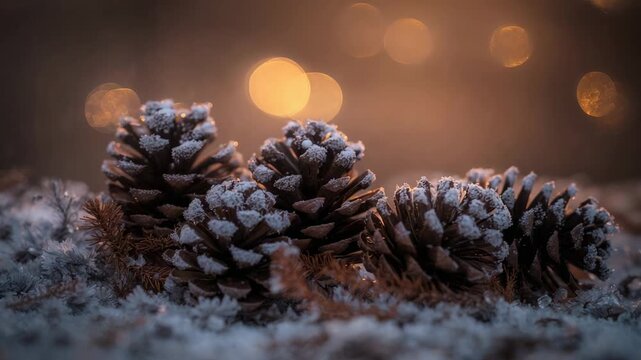Snow starting, flakes dusting 3 pine cones on needles, creating gentle buildup with warm bokeh