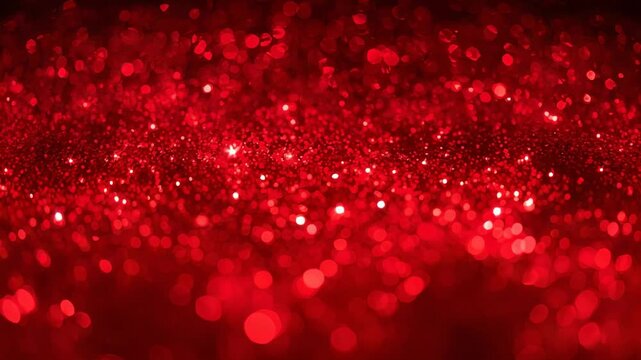 Shimmering red glitter field shifting into focus in studio macro shot, driven by light reflections