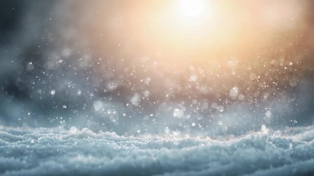 Drifting flakes and fresh snowpack showing warm backlight growing in low angle closeup adding bokeh