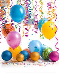 Festive New Year decorations, colorful and elegant party elements, balloons and streamers, cheerful celebratory atmosphere, isolated on white background.