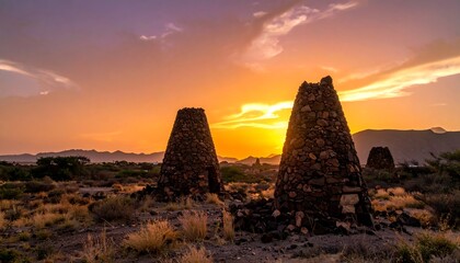 Stone towers stand tall in a dry, grassy field, backlit by the setting sun, creating dramatic light and shadows