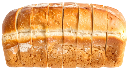 Close-up studio shot of a loaf of crusty bread, sliced, showing golden brown crust, and soft interior. The cuts are uniform