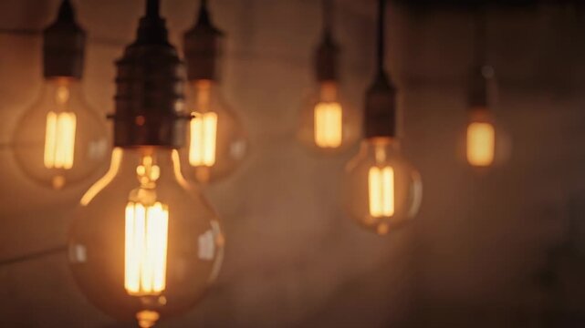 Shifting camera focusing on single lit Edison bulb at brick wall, highlighting filament warmth