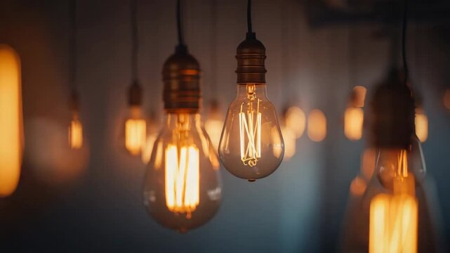 Glowing Edison bulbs with brass sockets shifting in dim studio after focus pull, revealing bokeh