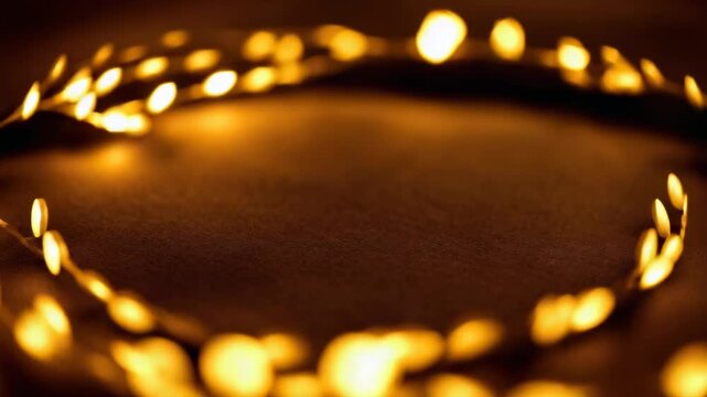 Pulling camera focus revealing circular strand warm LED lights on dark table with wire and bokeh