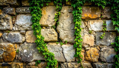 Stone wall partially covered in green ivy vines, creating a rustic, textured surface