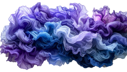 Flowing, ethereal fabric in shades of blue, purple, and lavender undulates across the frame. Gentle light creates soft shadows