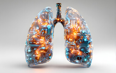 Futuristic lungs with glowing circuit-like patterns, detailed texture.