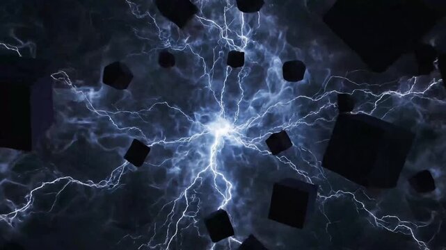 Floating cubes amid a lightning storm