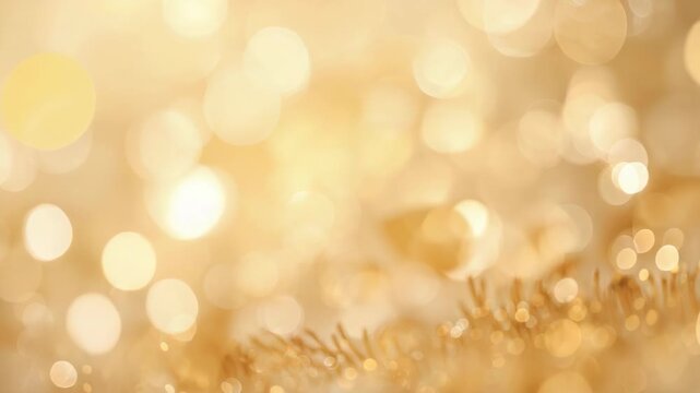Shifting focus gold glitter and tinsel cluster growing sharper in studio close-up revealing detail