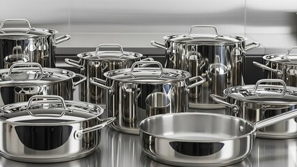 A gleaming collection of stainless steel pots and pans for the modern kitchen