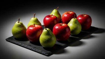 A group of glossy red apples and green pears on a dark slate platter