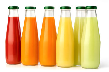 Colorful assortment of fresh fruit and vegetable juices in glass bottles showcasing healthy drinks natural nutrition detox lifestyle and vibrant refreshment choices