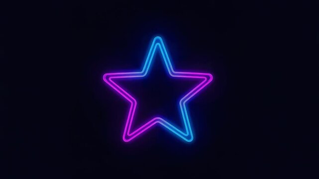 Shifting five-point neon star pulsing cyan-magenta outline on black after playback start, halo