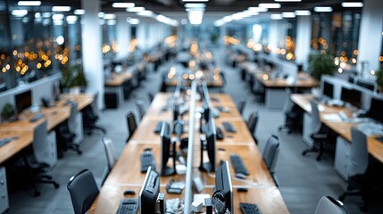 Fototapeta premium Abstract Defocused Workplace: Rows of Desks and Computers in a Modern Office