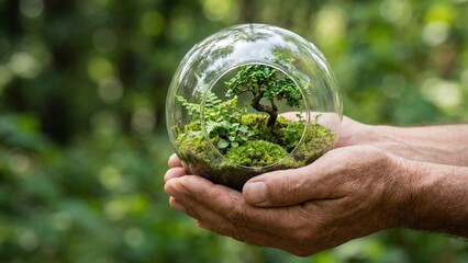A person tenderly cradles a miniature ecosystem, a glass terrarium, showcasing nature's beauty encapsulated within a spherical glass globe. Capturing the interplay of light and shadow.