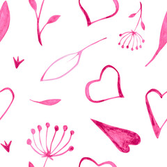 Romantic hand painted watercolor pattern with abstract hearts and delicate floral details on a white background. Suitable for textile design, wallpaper, surface design and holiday branding.