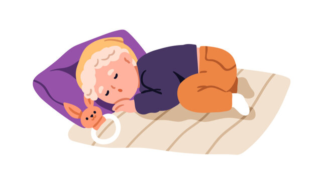 Sleeping toddler curled up in fetal pose. Cute baby boy asleep on bed on pillow with rattle toy. Little kindergarten child, kid lying, dreaming. Flat vector illustration isolated on white background