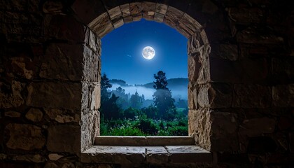 Stone window frames a glowing full moon over a misty, tree-covered landscape under a dark blue night sky
