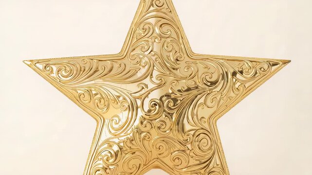 Approaching camera revealing embossed scrollwork on five-point gold star at warm beige backdrop