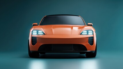 Naklejka premium Front view of a sleek orange electric sports car with glowing headlights on a teal background
