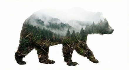 A majestic bear silhouette strides confidently across a canvas of serene landscape merging wildlife and the natural world, representing resilience and connection.