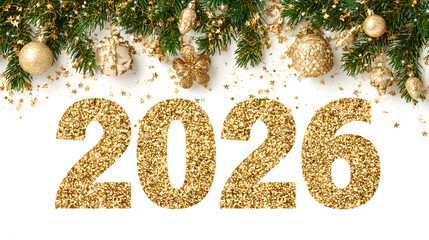 Golden "2026" lettering with a sparkling texture and festive Christmas decorations, joyful Happy New Year celebration concept, clean elegant style, isolated on white background.