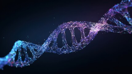 Abstract digital DNA double helix with glowing particles and lines on a dark background
