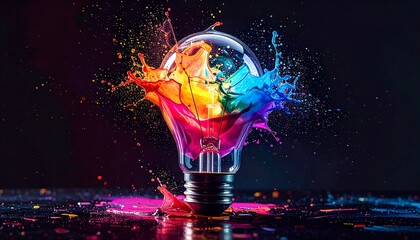 Brightly colored paint explodes from a lightbulb on a dark surface, creating a vibrant, energetic effect