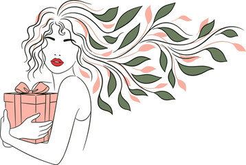 Elegant woman presents a gift box, surrounded by stylized leaves. A soft, romantic illustration perfect for greeting cards and branding. Love and Light.