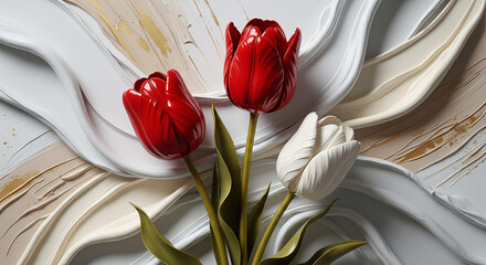 Elegant red and white tulips with sweeping 3D plaster texture 3D Wall Mural. floral landscapes. 3d floral art, floral wallpaper, Luxurious textile tile wall art