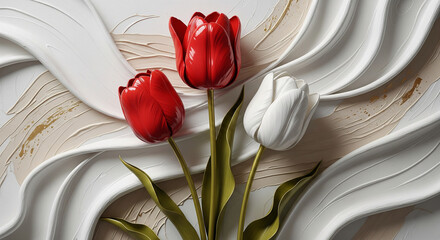 Elegant red and white tulips with sweeping 3D plaster texture 3D Wall Mural. floral landscapes. 3d floral art, floral wallpaper, Luxurious textile tile wall art