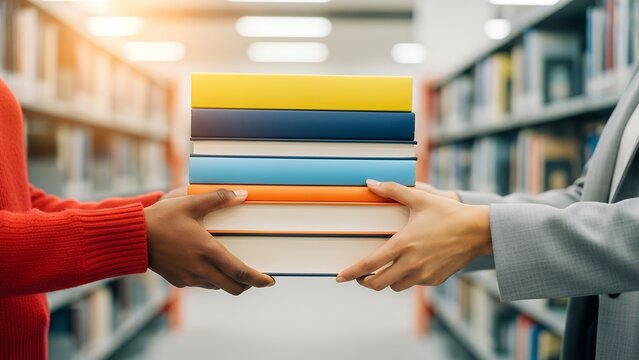 Exchanging books between two people in a bright modern library setting
