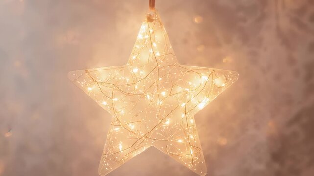Internal string lights turning on, glass star ornament hanging in room, emitting warm twinkle