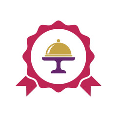 Elegant Vector Badge Design for Premium Quality Food Service with Cloche Icon and Stylish Ribbon