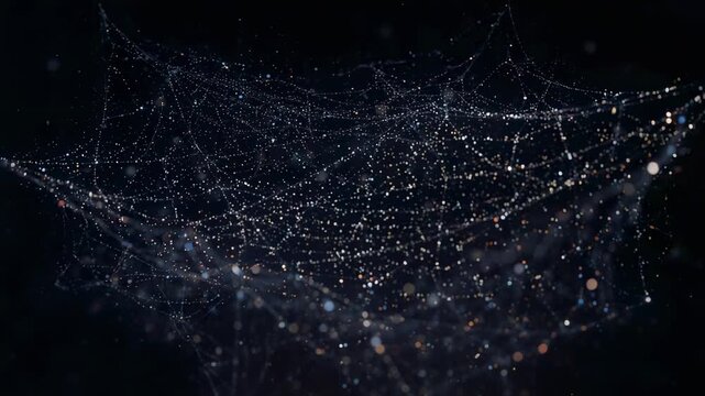 Evolving suspended 3D network densifying over five frames in dark void, with nodes and filaments