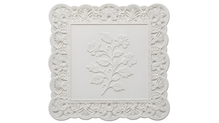 White decorative plate with floral isolated on a transparent background embossed