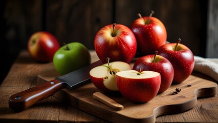 Fresh Apple Slices and Knife on Wooden Cutting Board