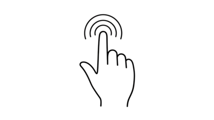 White line of a hand with index finger clicking a rainbow isolated on a transparent background white line hand