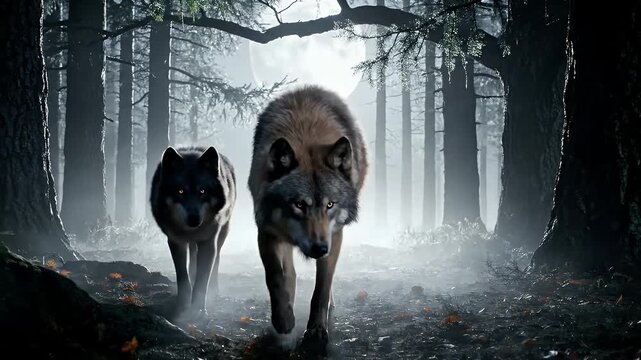 Two Wolves Walking Through a Dark Misty Forest Under a Full Moon