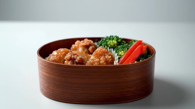 Delicious Chicken Karaage Bento Box Meal With Broccoli And Red Bell Pepper Served In Wooden Container With White