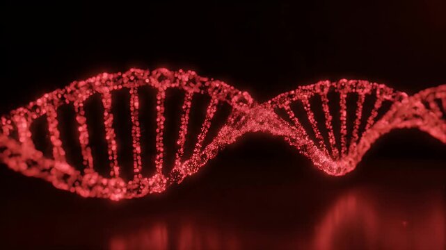 Abstract Glowing Red DNA Double Helix Molecule Structure Rotating Slowly on Dark Reflective Surface with Black